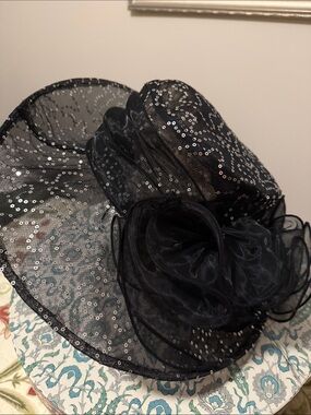 Black Sequin Wide-Brim Dress Hat with Elegant Bow